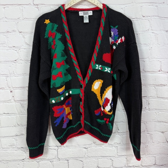 Black Red vintage Holiday Cardigan Sweater size medium Christmas embroidered - Picture 2 of 9